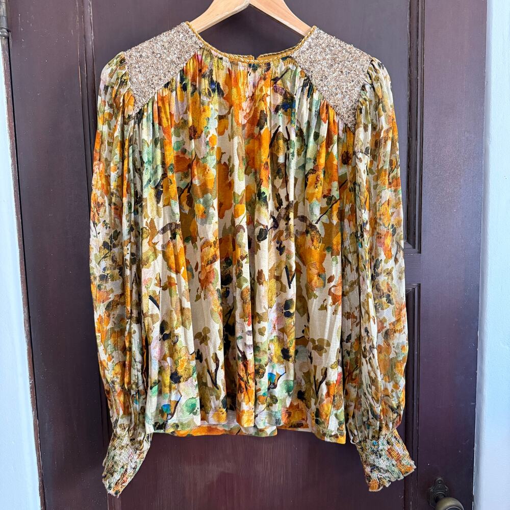 BL-NK LONDON  x Anthropologie Sequin-Embellished Small Yellow Gold Blouse Floral - Picture 2 of 9